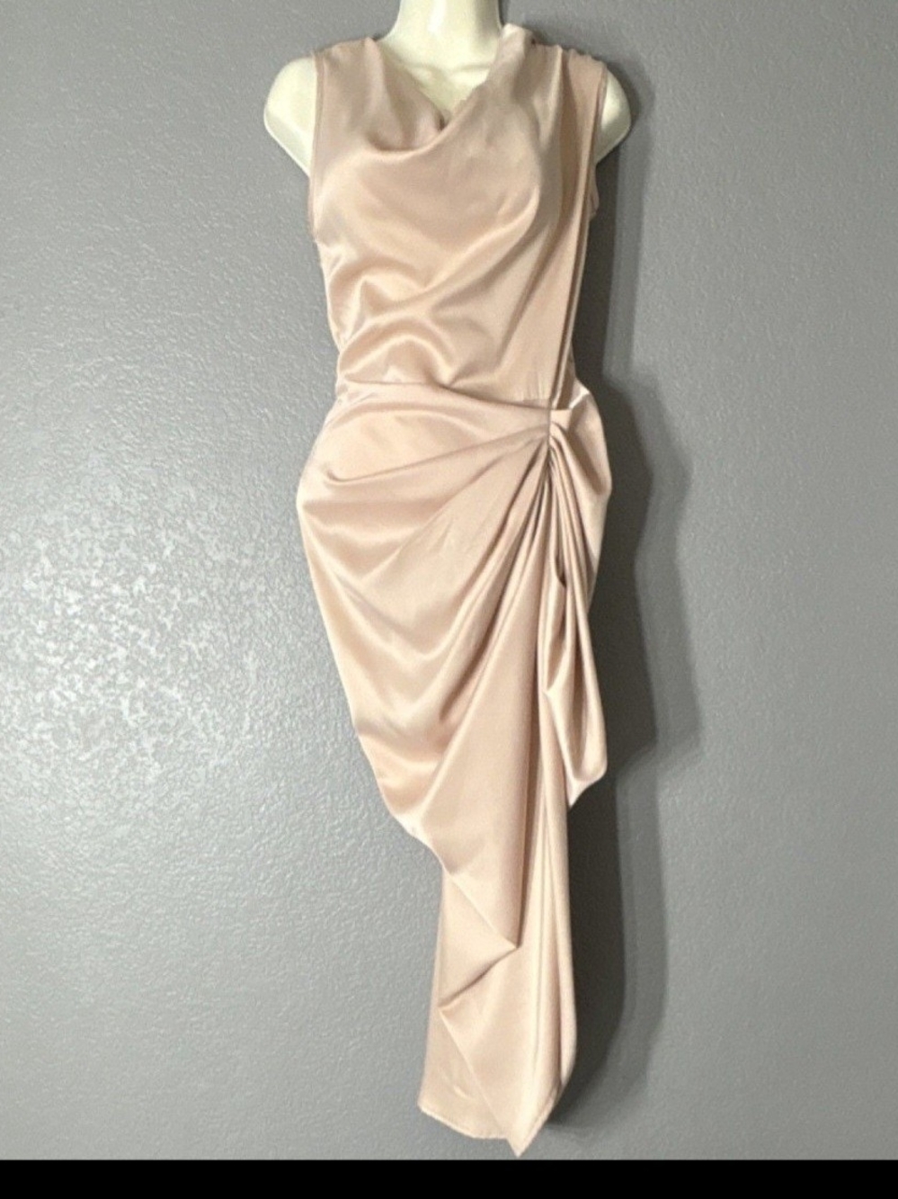 PrettyLittleThing Asymmetrical Draped Satin Dress in Blush Pink
